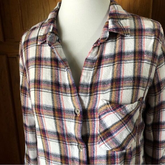 Anthropologie Cloth & Stone Blue Plaid Button Metallic Flannel Top - L - Picture 3 of 11
